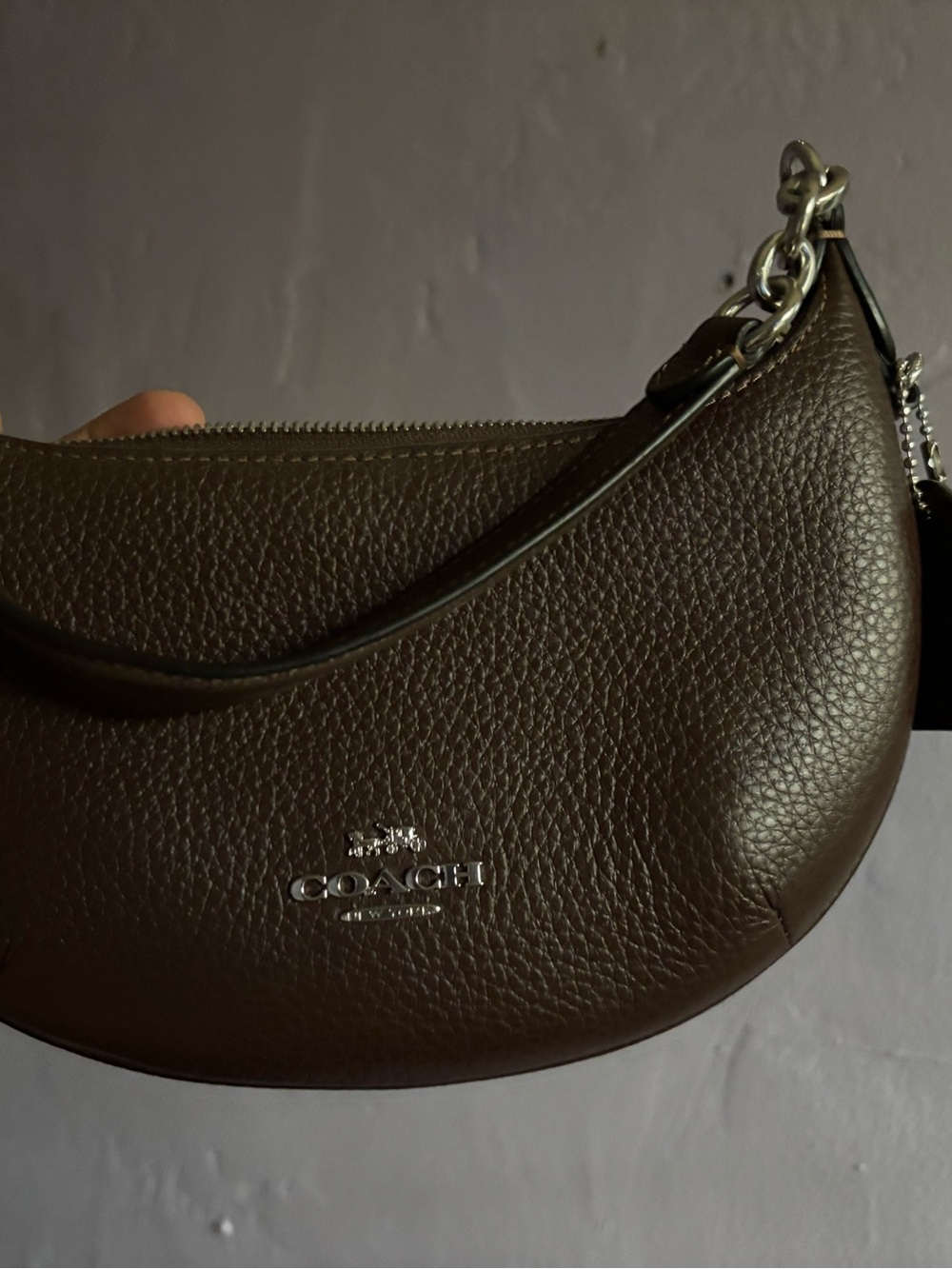 Coach Dark Brown Pebbled Leather Crescent Shoulder Bag with Silver Hardware